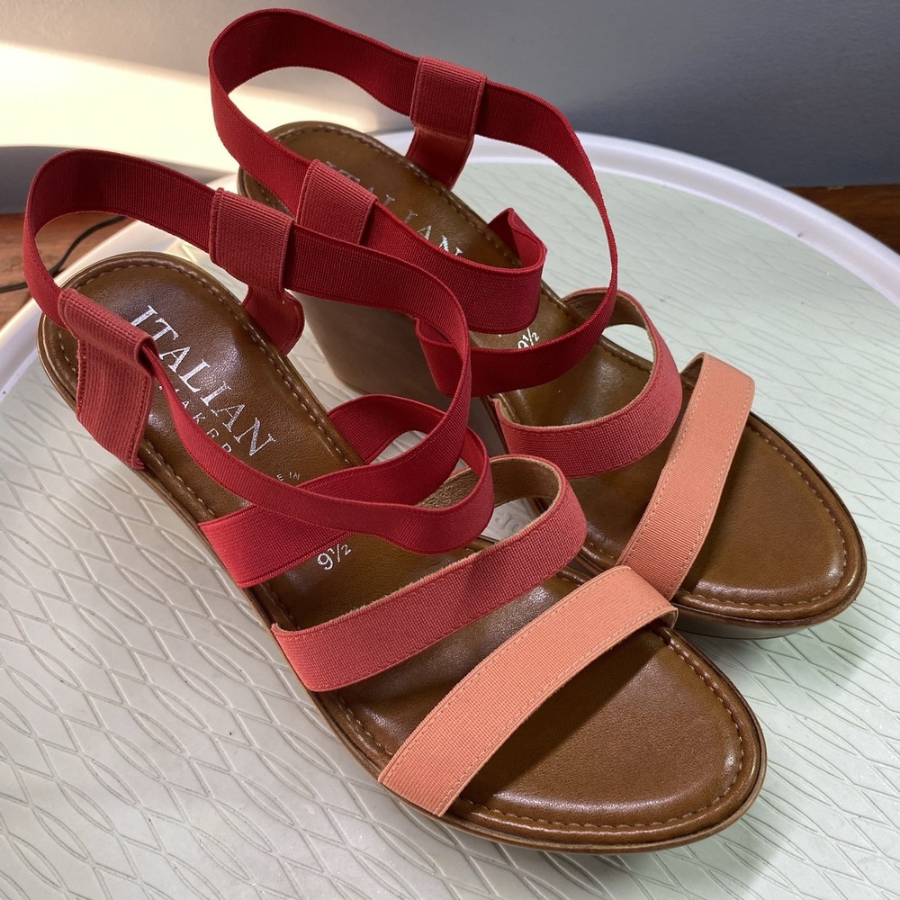 Italian Shoemakers Women's sexy Red&Orange‎ Strappy Wedge Sandals Size 9.5 EUC
